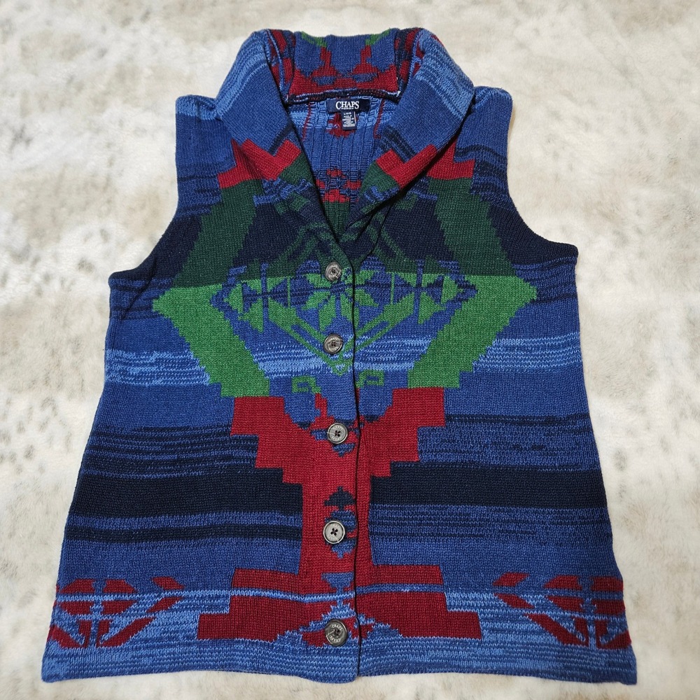 Chaps Blue Southwestern Geometric Knit Button Front Shawl Collar Vest L Cowgirl